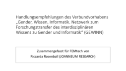 Erste Seite von Handlungsempfehlungen des Verbundvorhabens „Gender. Wissen. Informatik. Netzwerk zum Forschungstransfer des interdisziplinären Wissens zu Gender und Informatik (GEWINN)”
